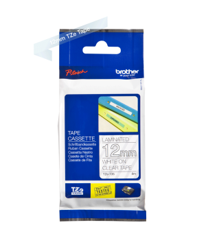 TZe-135 12mm Şeffaf üzerine Beyaz Laminasyonlu Etiket (TZe Tape)