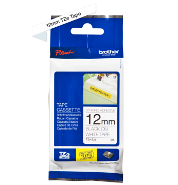 TZe-S231 12mm Beyaz üzerine Siyah Güçlü Yapışkanlı Laminasyonlu Etiket (TZe Tape)
