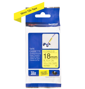 TZe-FX641 18mm Sarı üzerine Siyah Esnek Laminasyonlu Etiket (TZe Tape)