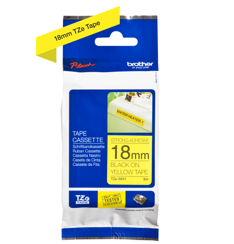 TZe-S641 18mm Sarı üzerine Siyah Laminasyonlu Ekstra Güçlü Etiket (TZe Tape)