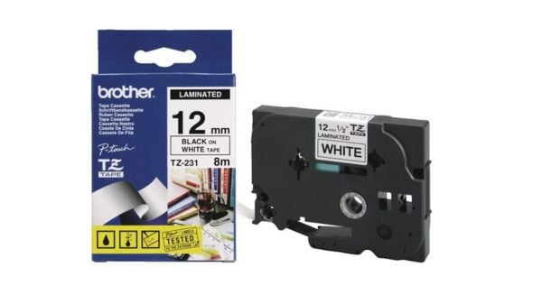 TZ-231 12mm Beyaz üzerine Siyah Laminasyonlu Etiket