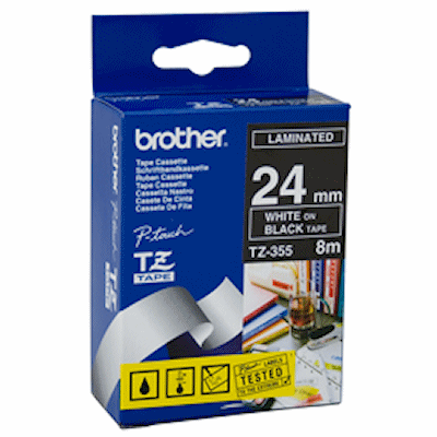 TZ-355 24mm Siyah üzerine Beyaz Laminasyonlu Etiket